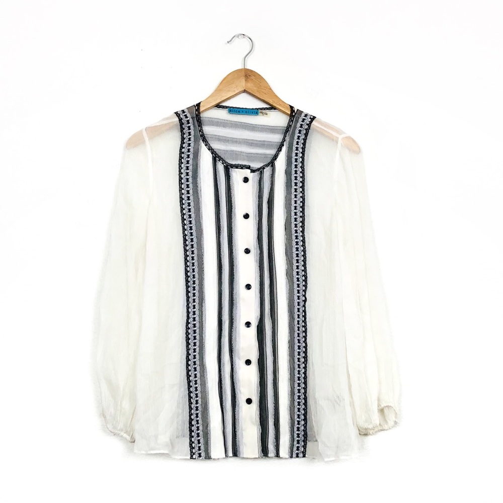 Alice + Olivia Sheer Silk Lace Button Up Blouse - Picture 1 of 10